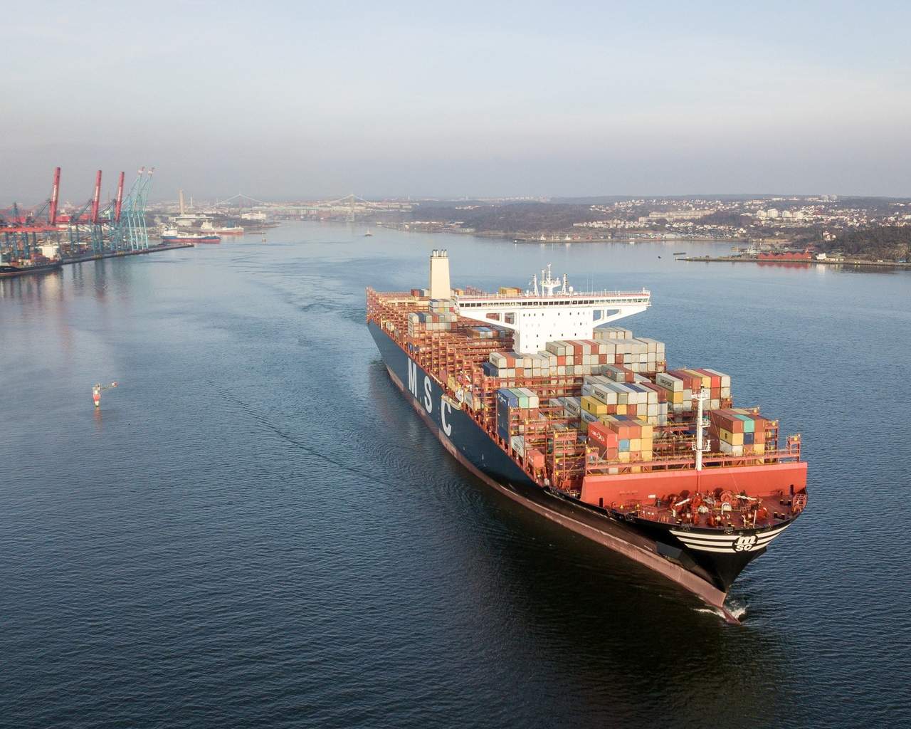 A container ship in the harbour.
